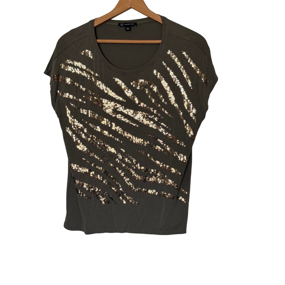 INC Sequin Top Womens Large Olive Green Gold Zebra Stripe Scoop Neck FA19